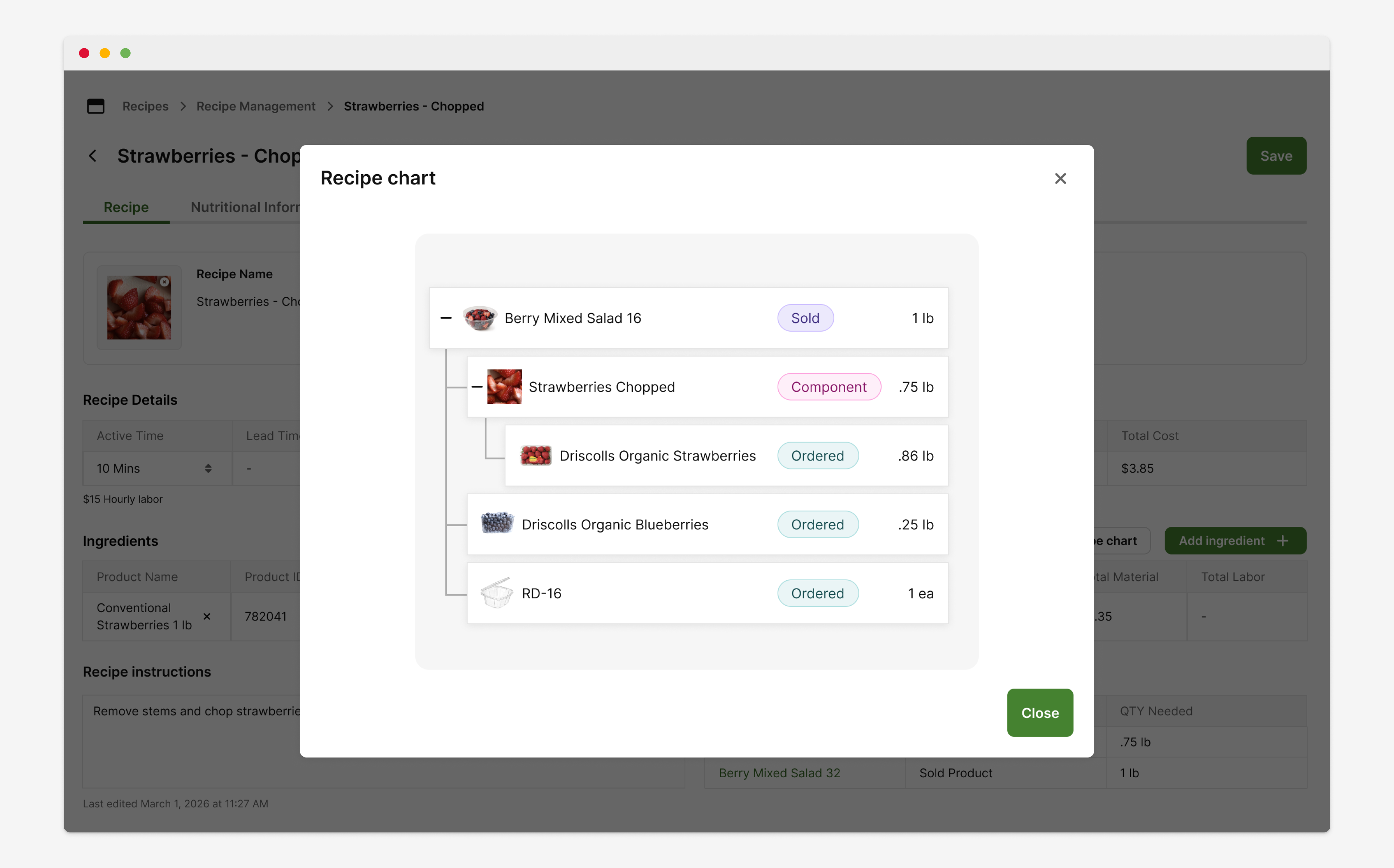 Recipe chart showing nested ingredients